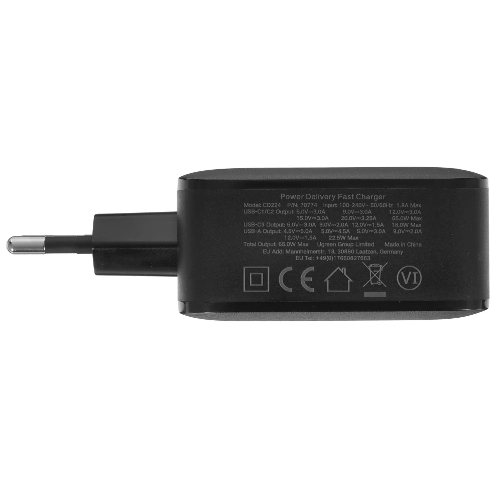 Сетевое зарядное устройство Ugreen CD224 USB-A + 3xUSB-C 65 Вт GaN Tech Fast Charger EU, черный (70774)