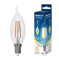 LED-CW35-9W-3000K-E14-CL-DIM GLA01TR Лампа светодиодная диммируемая. Форма свеча на ветру. прозрачная. Серия Air. Теплый белый свет 3000K. Картон. ТМ Uniel.