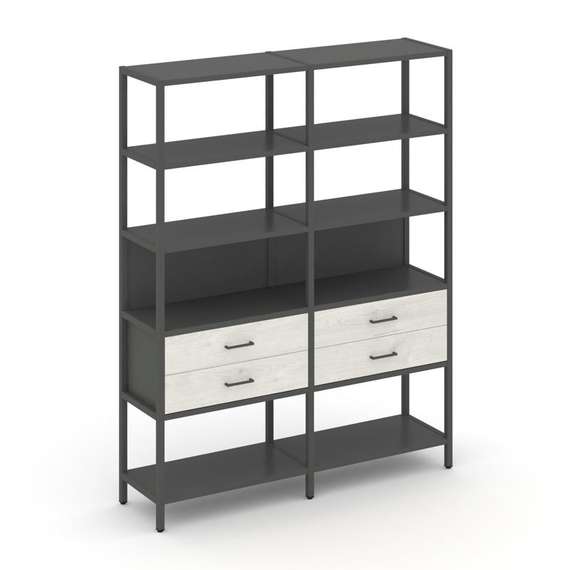 Shelf System Двухсекционный стеллаж пятиярусный с ящиками SN.STM-522 Антрацит/Дуб Наварра/Металл Ант