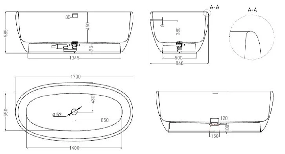 Ванна LUCE 170x85 матовая покраска по RAL полностью