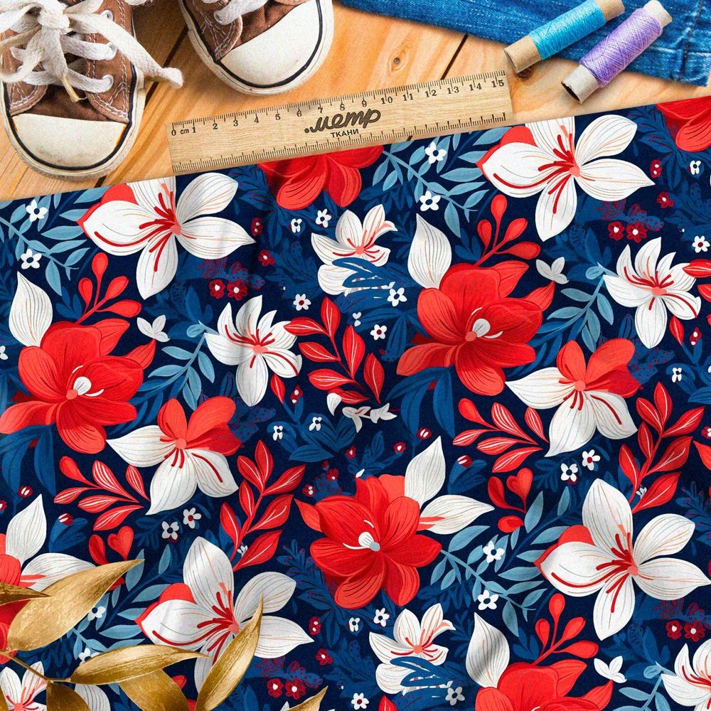 Ткань премиум бифлекс цветочный триколор