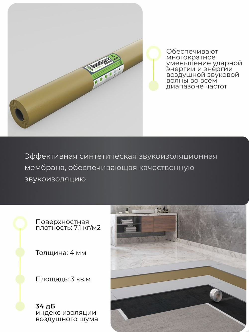 Звукоизоляционная мембрана SoundGuard Membrane 4 2500х1200х4 мм