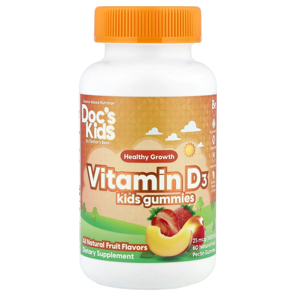 Doctor's Best, Doc's Kids, жевательный витамин D3 для детей, натуральный фруктовый вкус, 25 мкг (1000 МЕ), 60 жевательных таблеток с натуральным фруктовым пектином