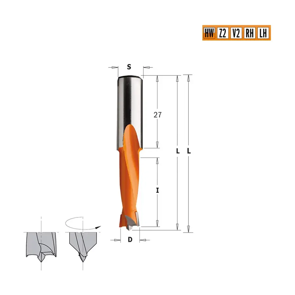 Сверло HW для присадочного станка 5x27x57,5 Z=2+2 S=10x27 LH CMT 310.050.12