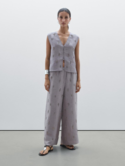 Massimo Dutti Брюки из льняной смеси с вышивкой из бисера, фиолетовый