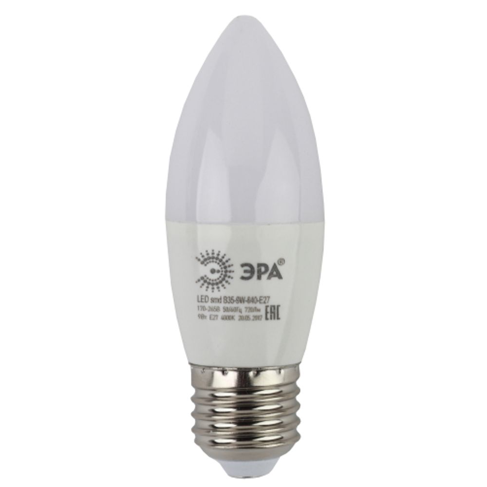 Лампа светодиодная ЭРА STD LED B35-9W-840-E27 9Вт свеча нейтральный белый свeт Е27 | Лампы cветодиодные Свеча (B/C)