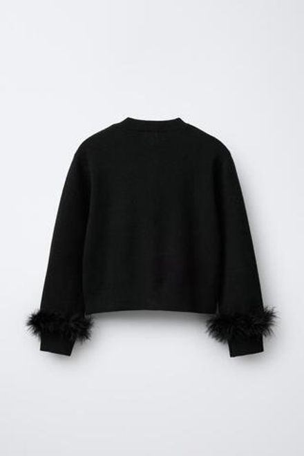 ZARA ТРИКОТАЖНЫЙ КАРДИГАН СО СЪЕМНЫМИ ПЕРЬЯМИ, ЧЕРНЫЙ