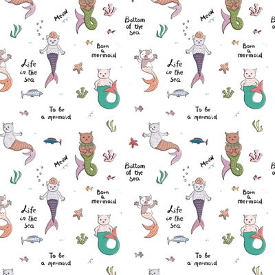 Симпатичные персонажи кошек-русалок и морских обитателей. Подводный мир.