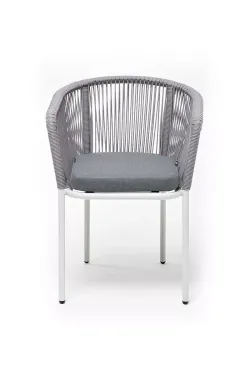 "Марсель" стул плетеный из роупа, каркас алюминий белый муар, роуп светло-серый круглый, ткань светло-серая