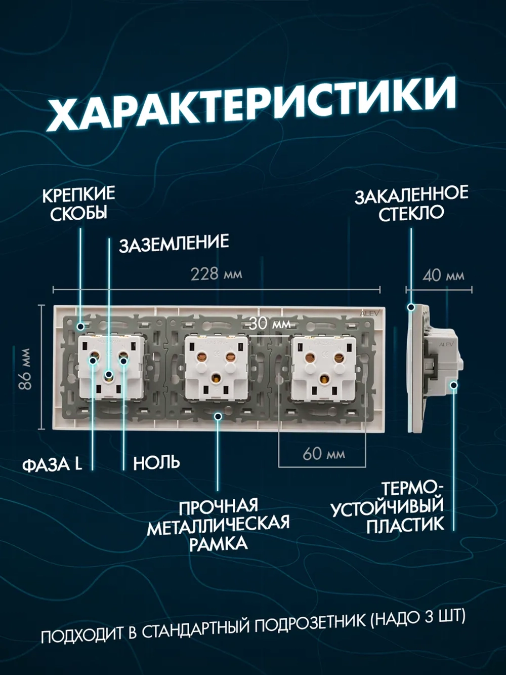 Розетка с заземлением тройная из закаленного стекла