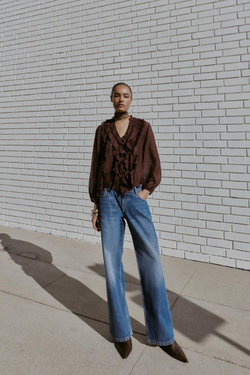 ZARA БЛУЗА С ВОЛАНАМИ, КОРИЧНЕВЫЙ