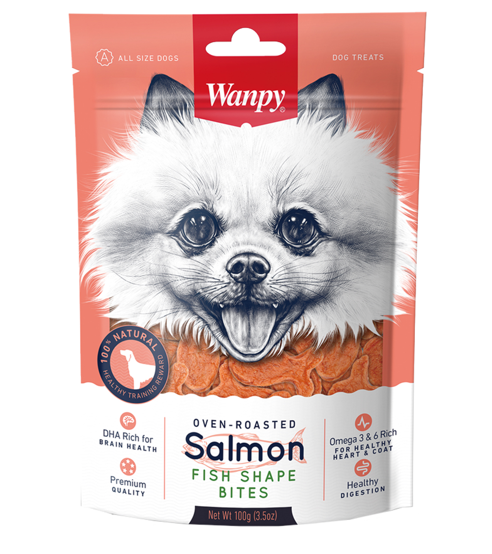 Wanpy Dog Лакомство для собак Лакомые кусочки из нежного лосося в форме рыбок 100 гр.