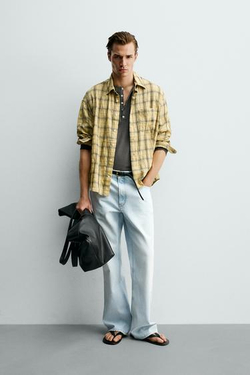 ZARA РУБАШКА RELAXED FIT В КЛЕТКУ, ЦВЕТ СЛИВОЧНОГО МАСЛА