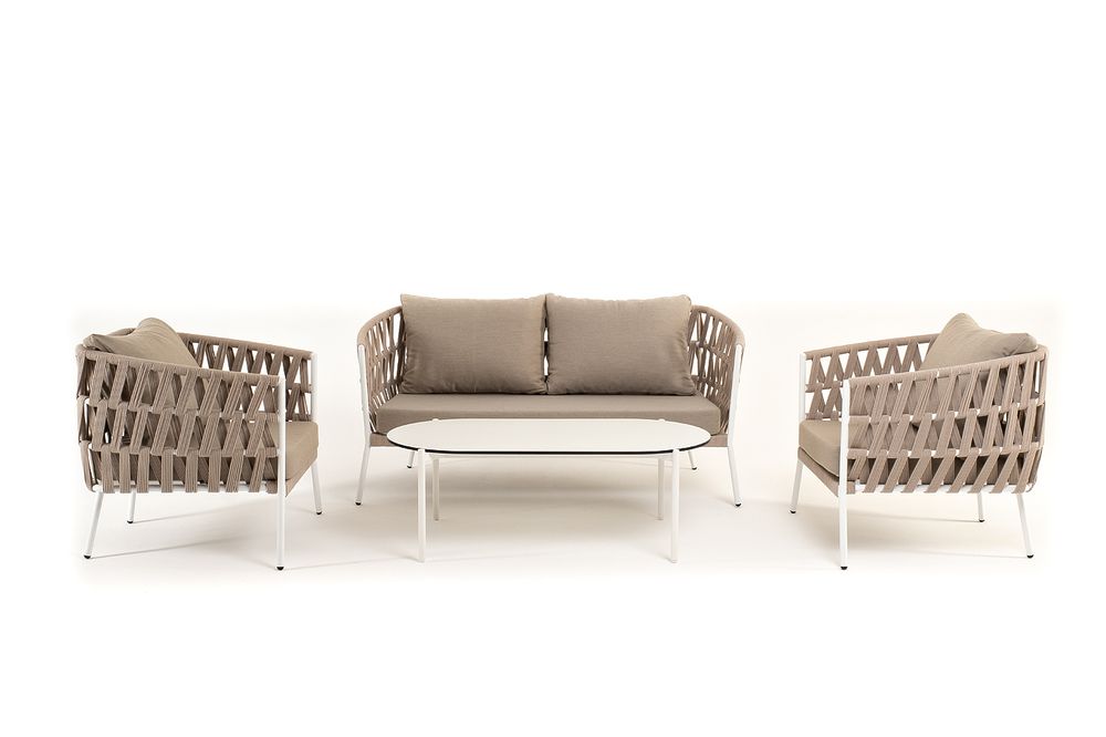 "Диего" лаунж-зона 4-местная плетеная из роупа (веревки), каркас алюминиевый белый, роуп бежевый