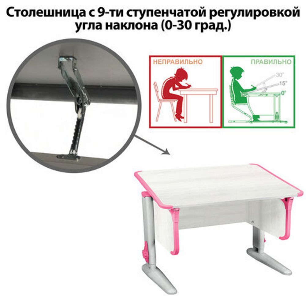 Стол-парта регулируемый "ДЭМИ" СУТ.43, 1000х550х530-815 мм, серый каркас, пластик розовый, рамух белый (КОМПЛЕКТ)
