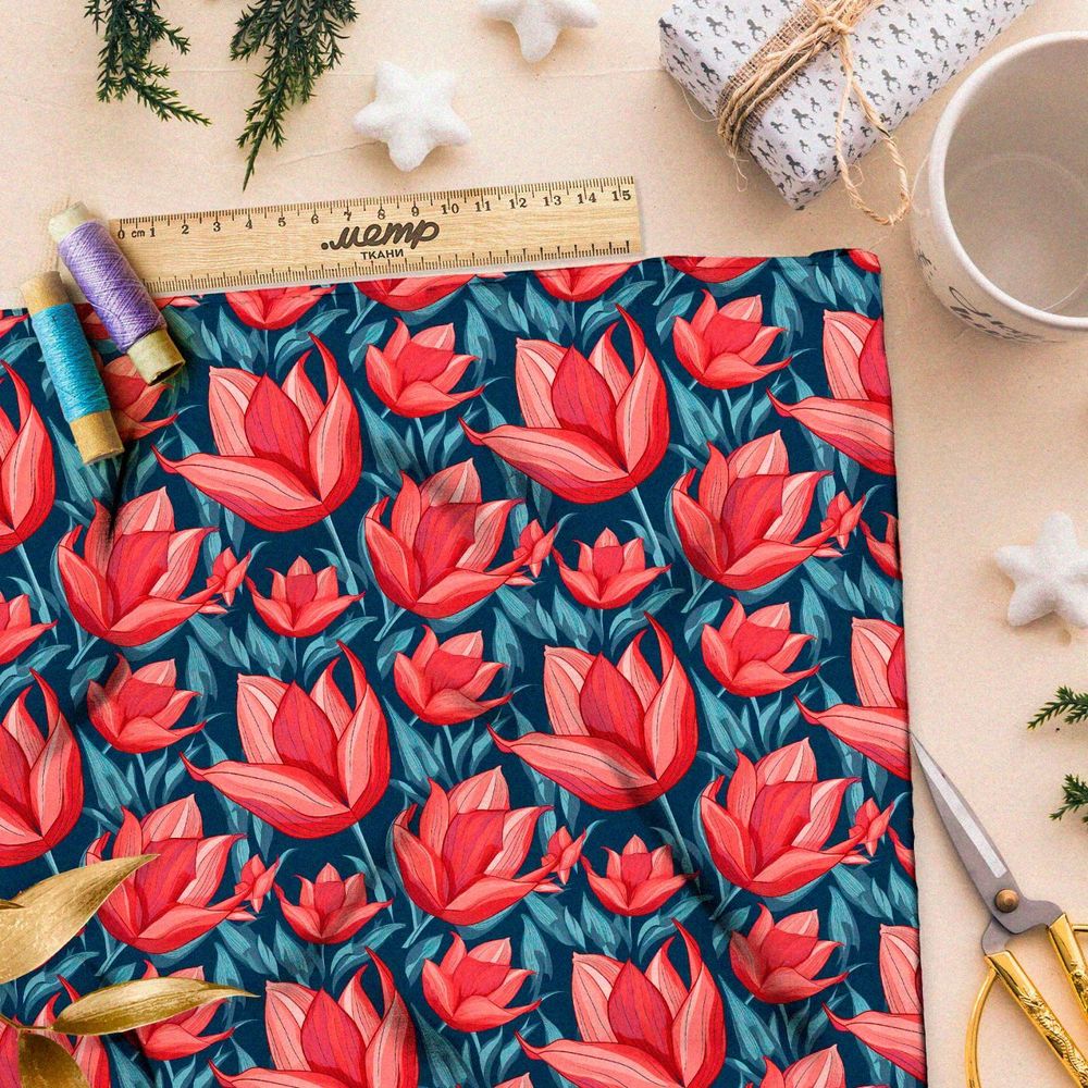 Ткань премиум шелк искусственный Армани мелодия тюльпанов