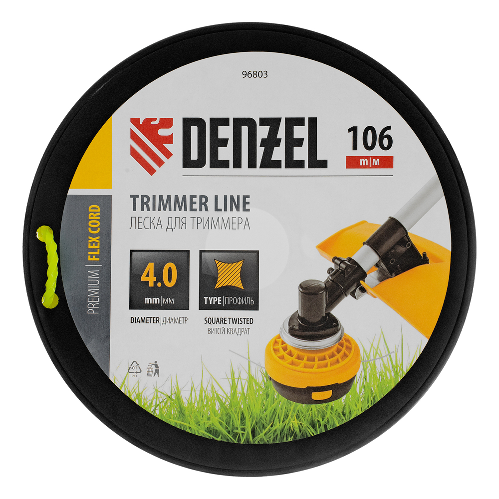 Леска для триммера витой квадрат, 4,0мм х 106м, на DIN катушке FLEX CORD Denzel