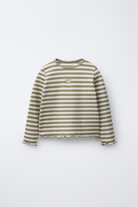 ZARA ЛОНГСЛИВ В ПОЛОСКУ С БЛЕСТЯЩИМ ПРИНТОМ И ВЫШИВКОЙ, ЭКРЮ/ЗЕЛЕНЫЙ