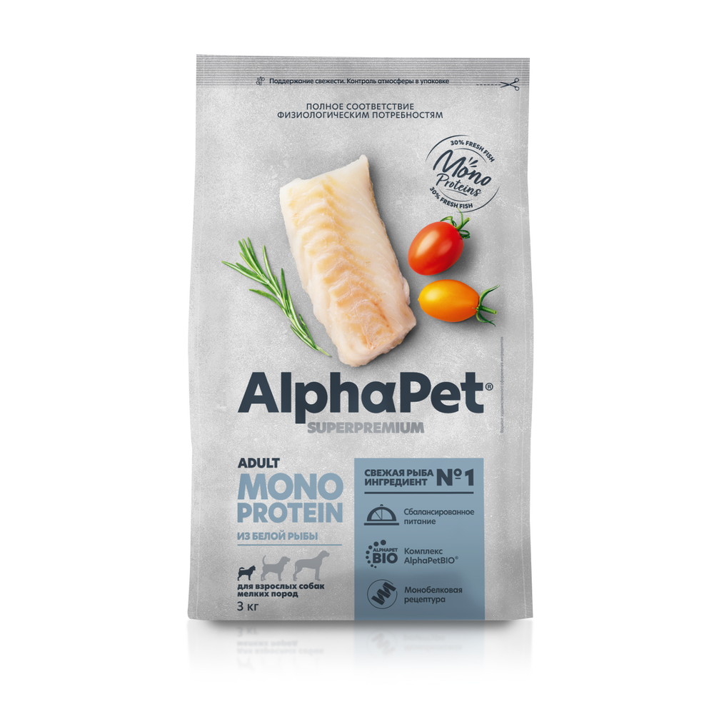 Сухой полнорационный корм ALPHAPET SUPERPREMIUM MONOPROTEIN для взрослых собак мелких пород из белой рыбы 3 кг