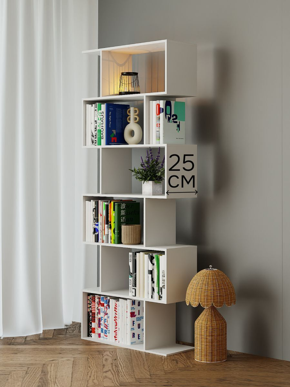 Стеллаж белый напольный Марм, из ЛДСП, в скандинавском стиле, 6 полок, 72х179 см