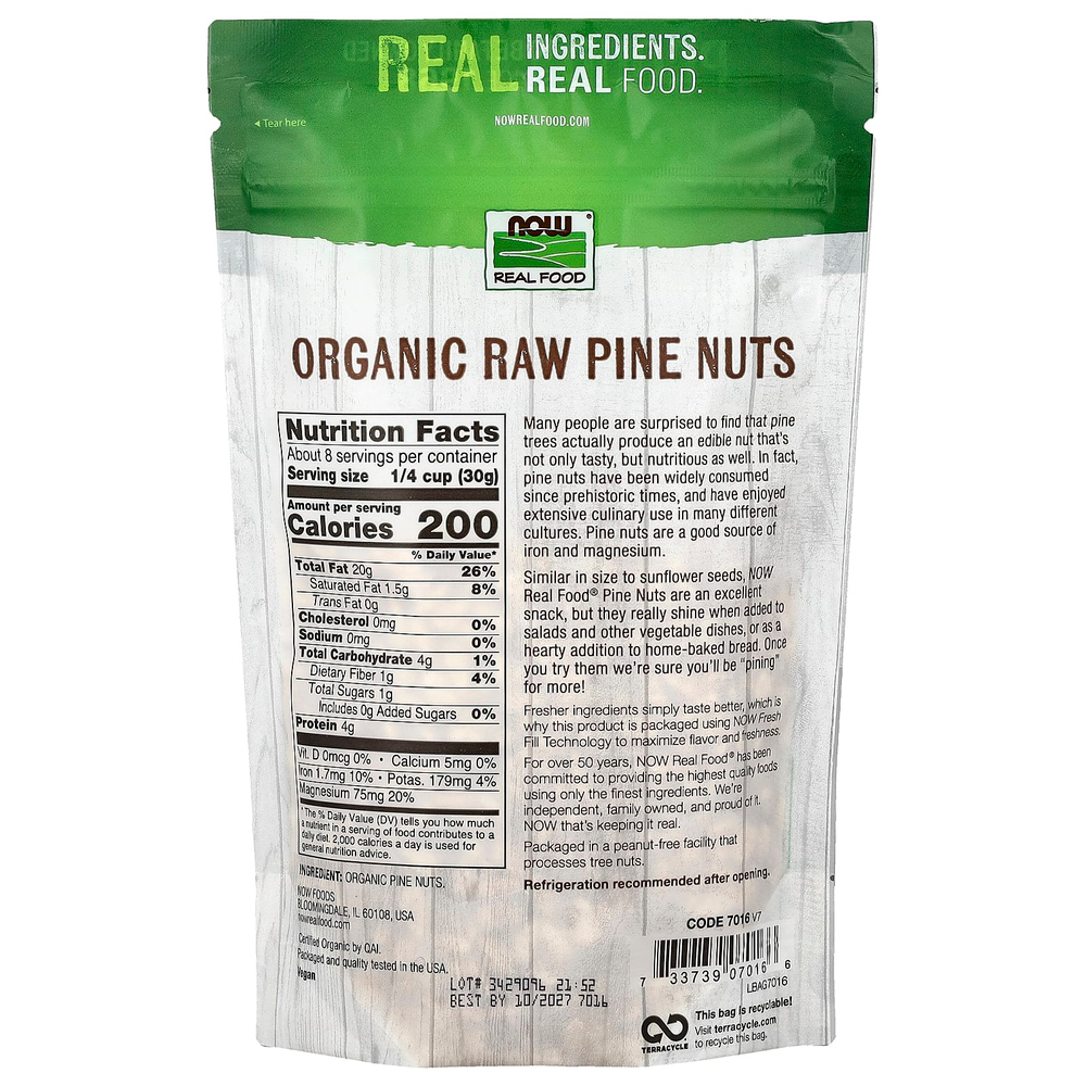 NOW Foods, Real Food, органические необработанные кедровые орехи, 227 г (8 унций)