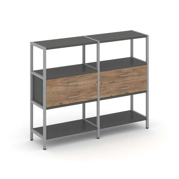 Shelf System Двухсекционный стеллаж трехярусный с ящиками SN.STM-322 Антрацит/Дуб Табак/Металл Серый