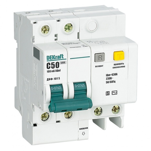 Дифференциальный автомат ДИФ-101S селективный электронный C50А 100мА тип АС 2P 6кА DEKraft (дифавтомат, АВДТ) 15303DEK