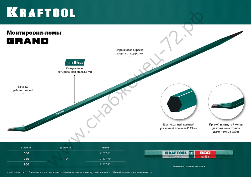KRAFTOOL 900 мм, 19 мм, Монтажный лом (21807-90)