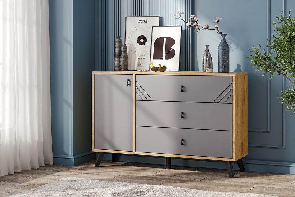 Байкал Комод 3 ящика (со створкой) (SAFE) (Дуб Золотой/Графит )SV Мебель
