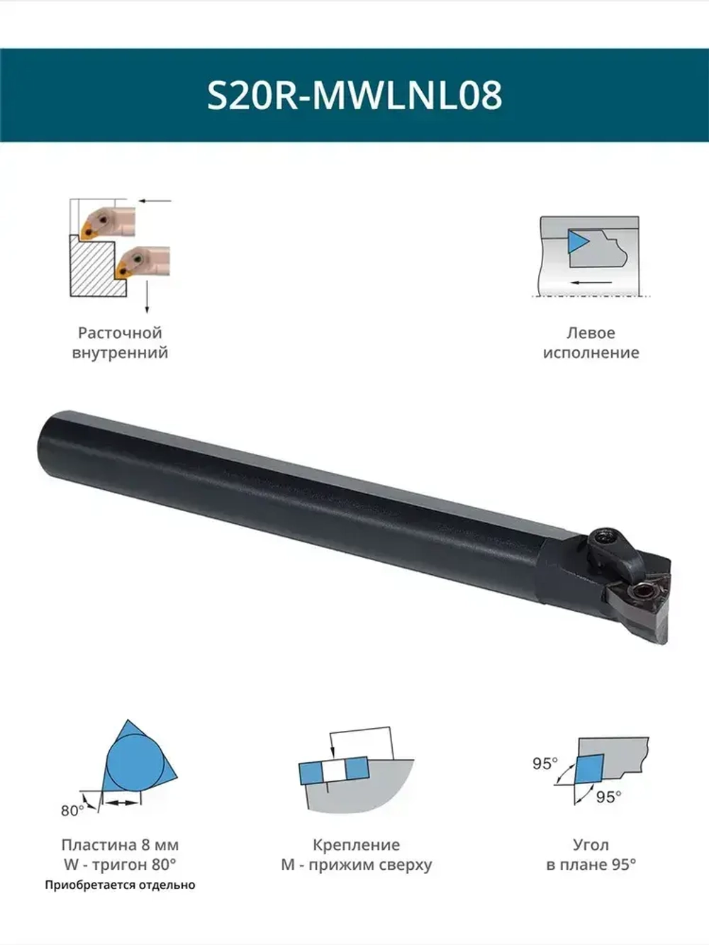 S20R-MWLNL08 резец расточной внутренний 20 мм левый / пластина W - Тригон 80 градусов