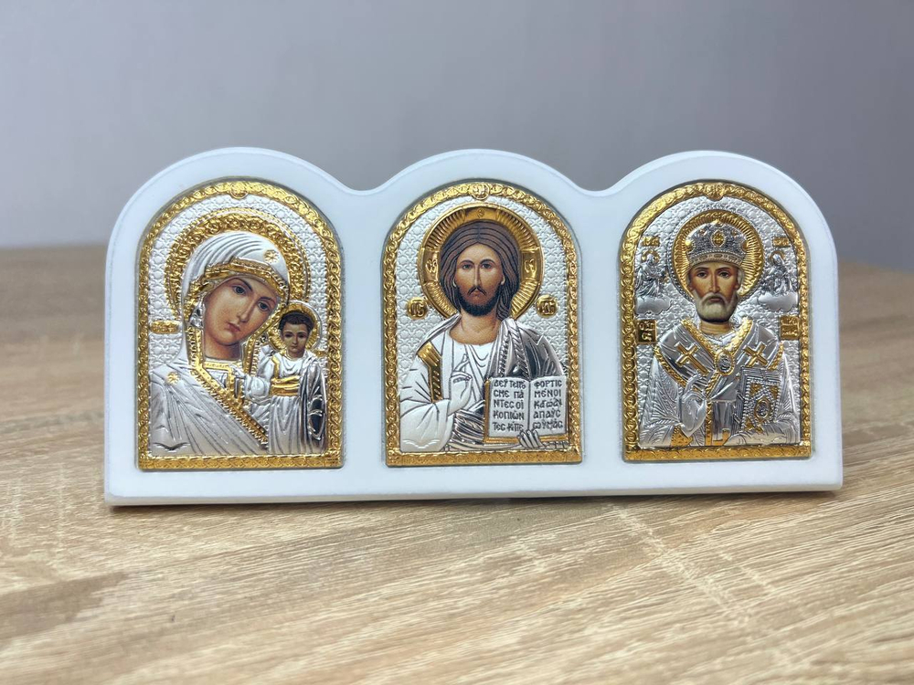 Триптих, Спаситель, Казанская БМ, Николай Чудотворец, икона, белое дерево 75х160