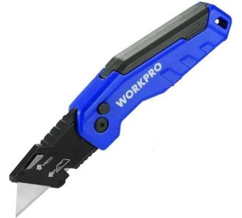Нож алюминиевый складной WORKPRO быстрое открытие, синий WP211025