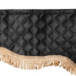 Шторы спального места с прихватами в кабину грузовика. Ламбрекен из экокожи с вышивкой Тигр и прихватами. Высота 1,5м, ширина одной стороны - 1,15м. Блэкаут, велюр. Черный цвет с бежевой бахромой