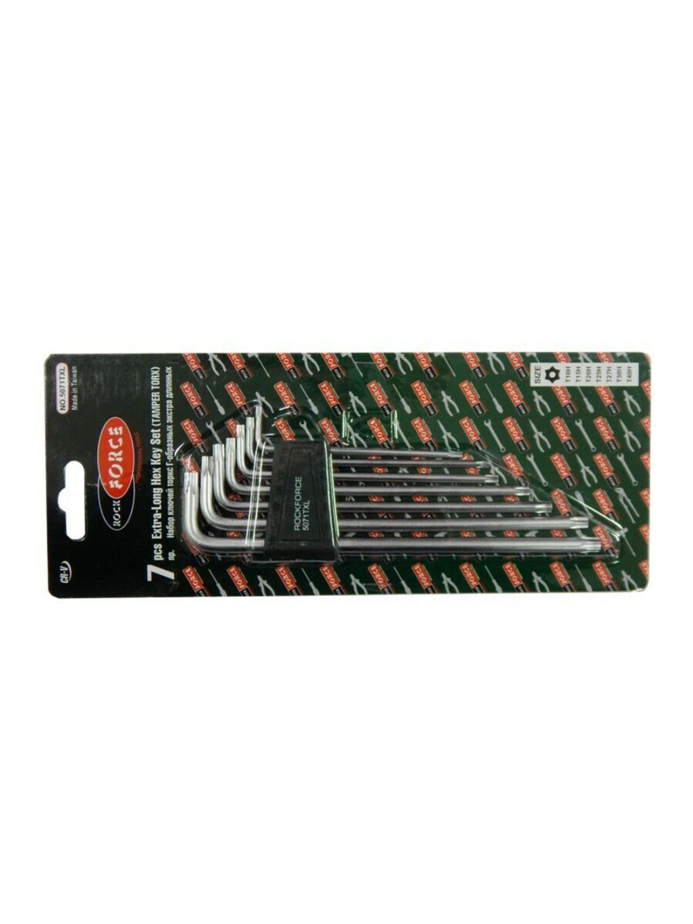 Набор ключей TORX Г-образных экстра длинных с отверстием 7пр.(Т10Н,Т15Н,Т20Н,Т25Н,Т27Н,Т30Н,Т40Н) в пластиковом держателе RockForce##Rock FORCE RF-5071TXL
