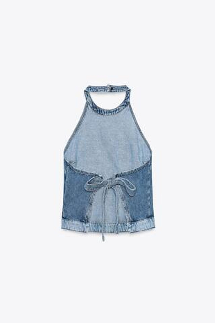 ZARA КОМБИНИРОВАННЫЙ ДЖИНСОВЫЙ ТОП Z1975 С ГОРЛОВИНОЙ ХАЛТЕР, ВЫЦВЕТШИЙ СИНИЙ