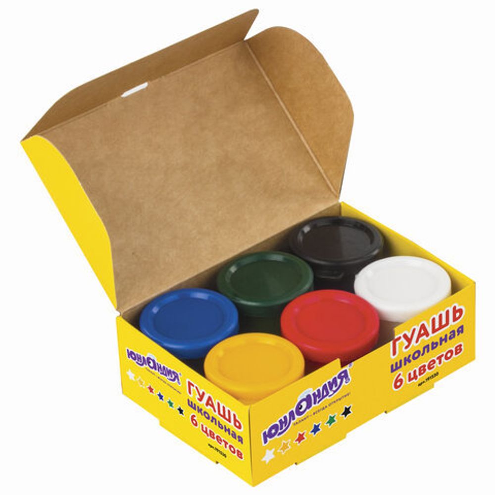 Гуашь ЮНЛАНДИЯ "ШКОЛЬНАЯ", 6 цветов по 17 мл, без кисти, картонная коробка, 191530