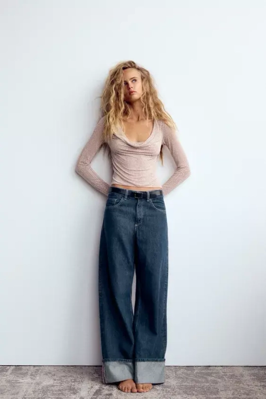 ZARA ТОП ИЗ ПОЛУПРОЗРАЧНОЙ ТКАНИ СО СТРАЗАМИ, ТЕЛЕСНО-РОЗОВЫЙ