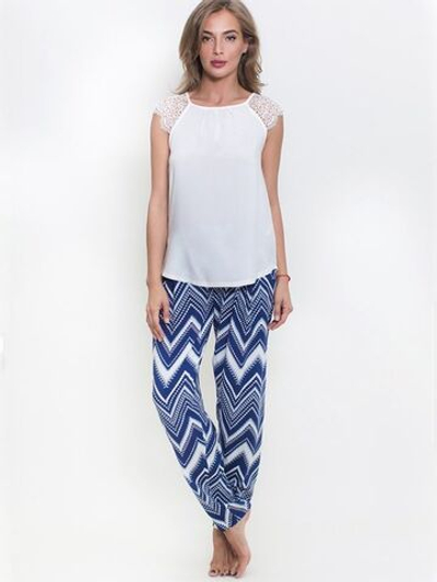 Комплект из вискозной ткани с зигзагами на брючках (Размер: S) (Цвет: синий с белым)