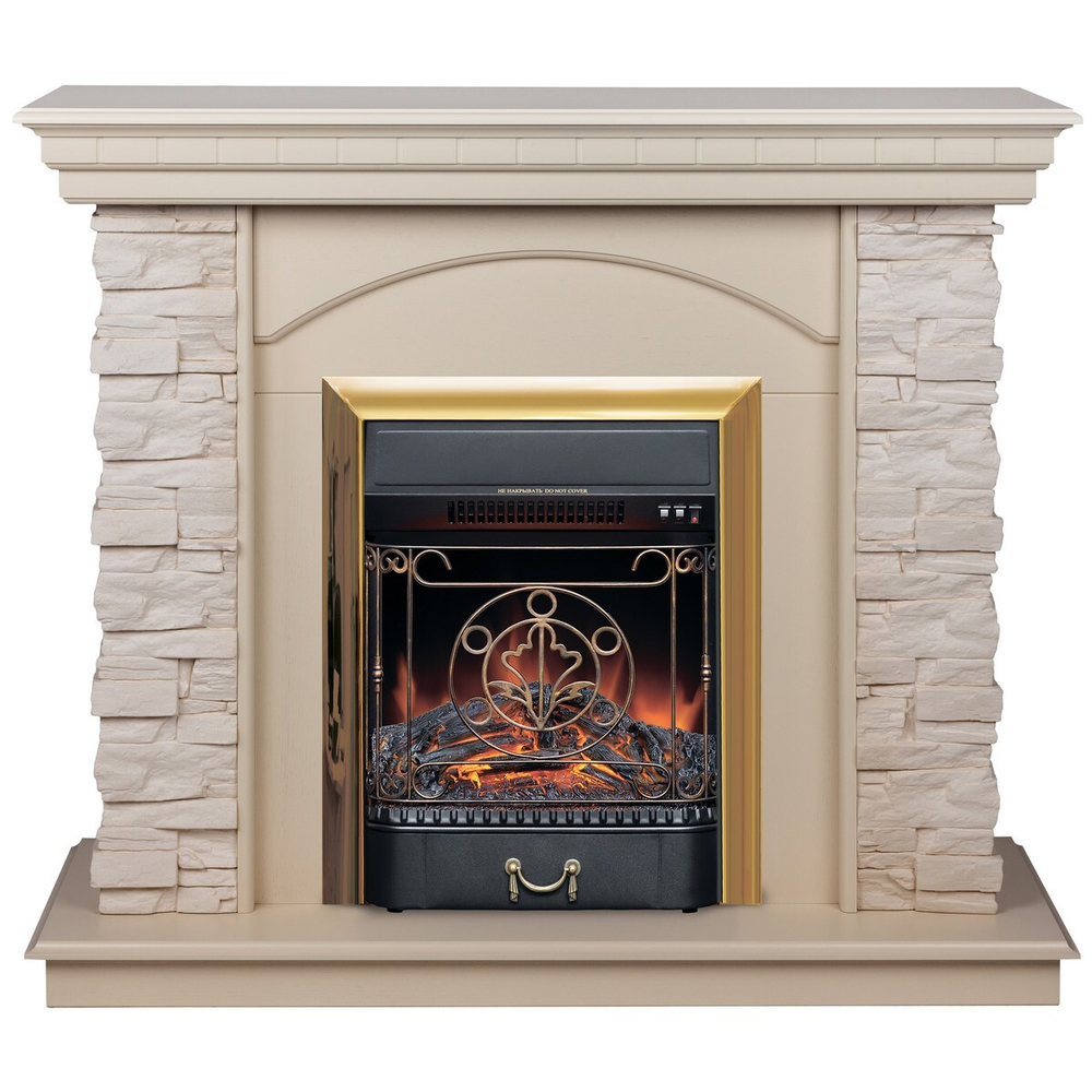 Электрокамин RealFlame Elford WT белый дуб с очагом Majestic Lux Brass