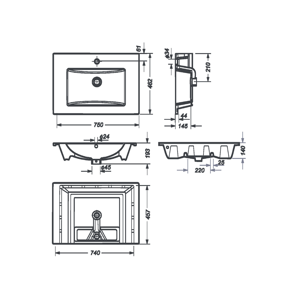Раковина накладная "Quadro 75"" белая с отв без кроншт (Sanita Luxe)