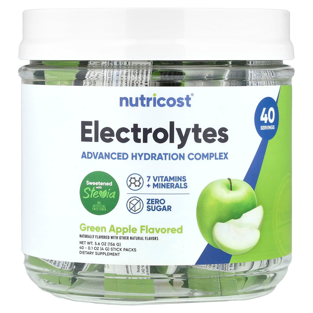 Nutricost, Электролиты, улучшенный комплекс для увлажнения, зеленое яблоко, 40 пакетиков по 4 г (0,1 унции)