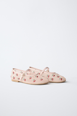 ZARA БАЛЕТКИ С ВЫШИВКОЙ ВИШНИ, РОЗОВЫЙ