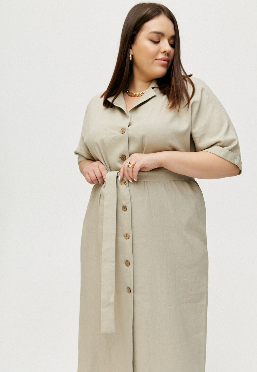 Платье-рубашка льняное, оливковый