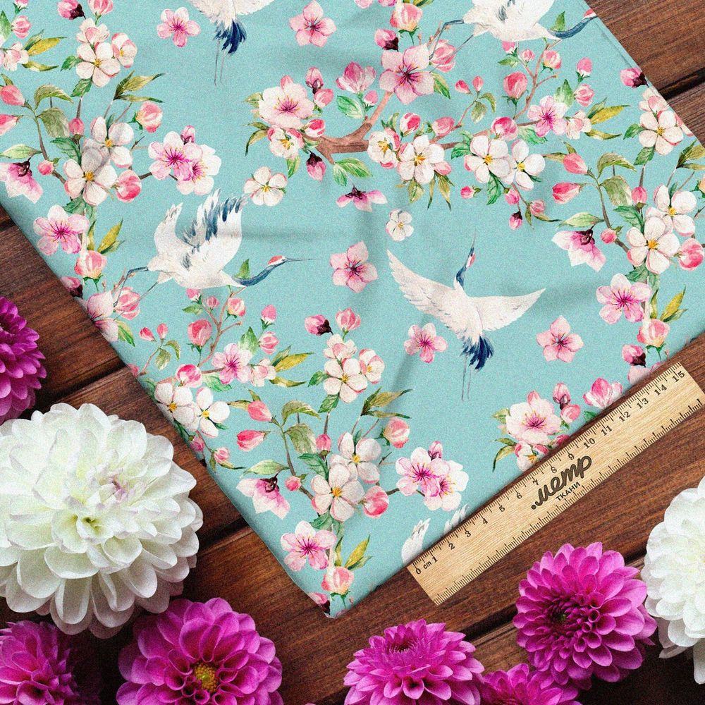 Ткань дюспо цветущая вишня и журавль