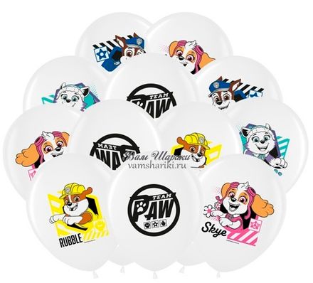Шары белые "Щенячий Патруль" Щенки и эмблема