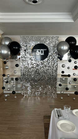 Фотозона на Юбилей с блестящей стеной из пайеток №3006