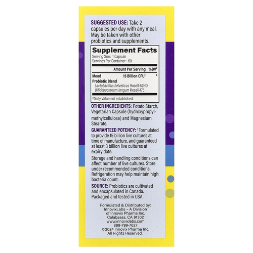 InnovixLabs, Mood Probiotic, пробиотик для хорошего настроения, 60 капсул