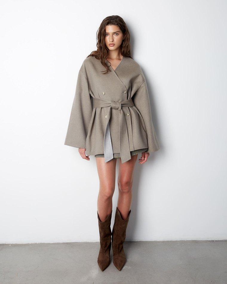 Полупальто и косынка двухсторонние из шерсти и шелка Лоро Пиана светло-серый/бежевый