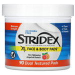 Stridex, XL, прокладки для лица и тела, без спирта, 90 прокладок с двойной текстурой