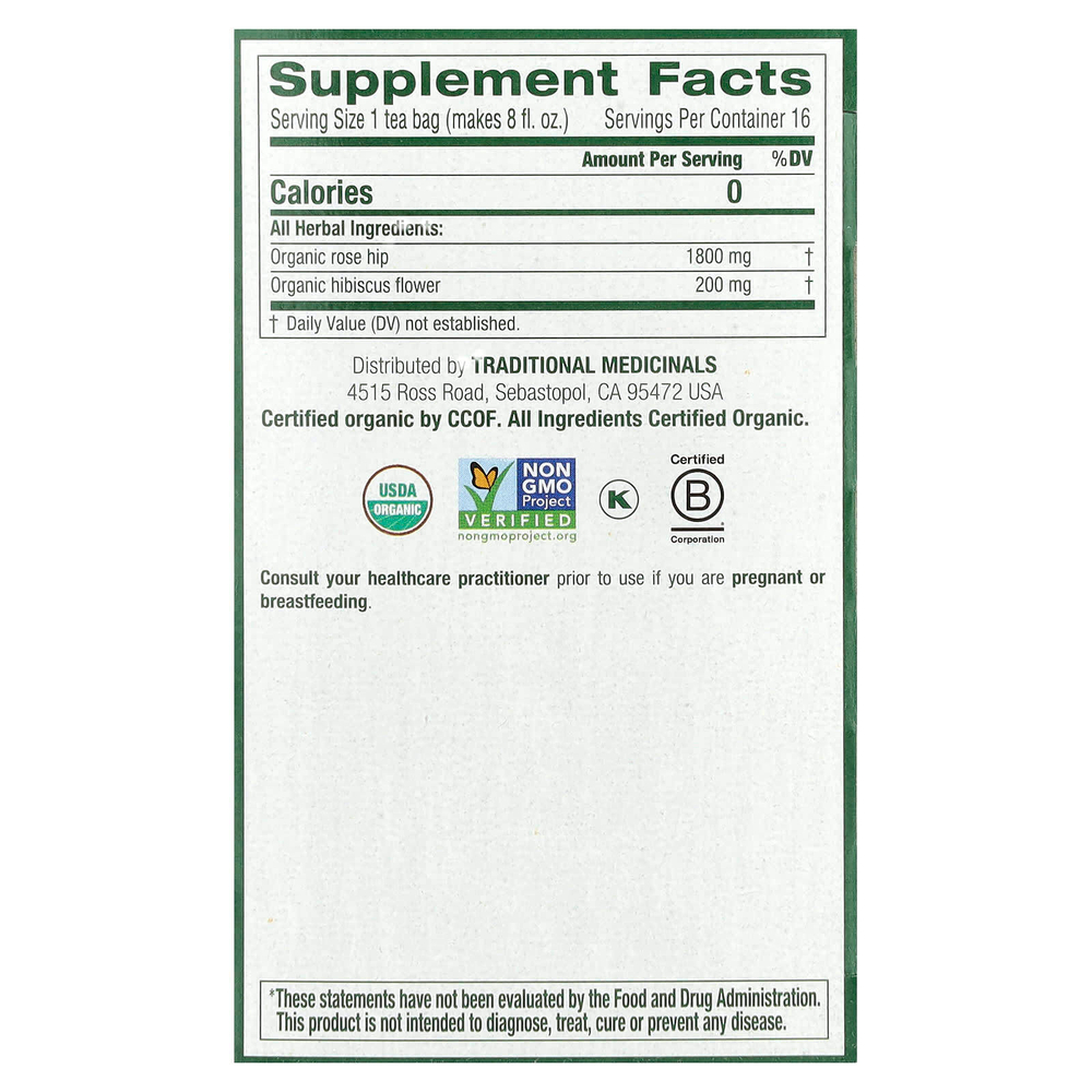 Traditional Medicinals, органические шиповник и гибискус, без кофеина, 16 чайных пакетиков, 32 г (1,13 унции)